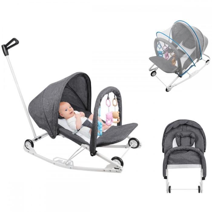 Hamaca para bebé 3 en 1 - MIPAN - Hamaca para bebés de 0 a 30 kg - Con juguetes + mosquitera + silla de paseo y ruedas - Gris