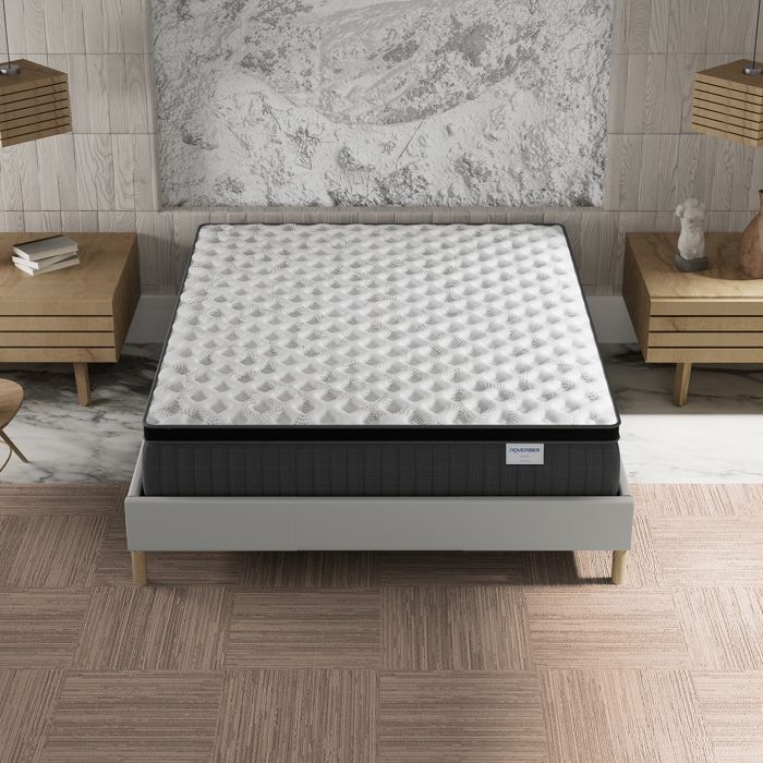 Colchón y base de cama (140x190cm) - Muelles ensacados Elekctra y espuma viscoelástica, 30cm de grosor + Base de cama de madera estable, Tela blanca