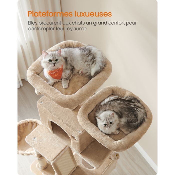 Arbre à Chat, Hauteur 206 cm, avec 13 Griffoirs, 2 Plate-forme, 2 Niches, Panier, Hamac, Pompon, Tissu Peluche, Marron Camel