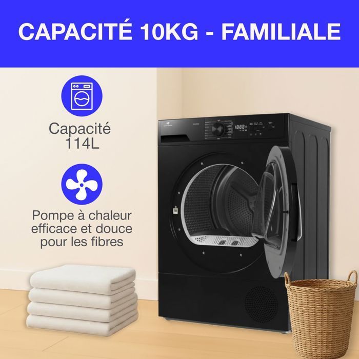 Sèche-linge pompe à chaleur CONTINENTAL EDISON CESL10PCB2 - 10 kg - 60 cm - Classe E - Noir