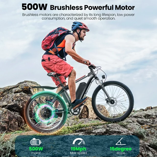 Gocio 500W Elektrofahrrad, 26 Zoll, E-Bike für Erwachsene mit Tempomat, Mountainbike mit herausnehmbarem 375Wh Lithium-Ionen-Akku, 80 km Reichweite, 21 Gänge, Pendlerfahrrad für Damen und Herren