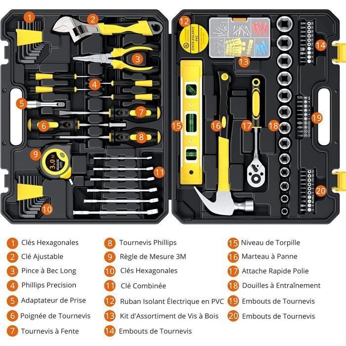 Kit de ferramentas completo com 108 peças, incluindo chave inglesa, conjunto de chaves de fenda de precisão, martelo e alicate para reparos domésticos.