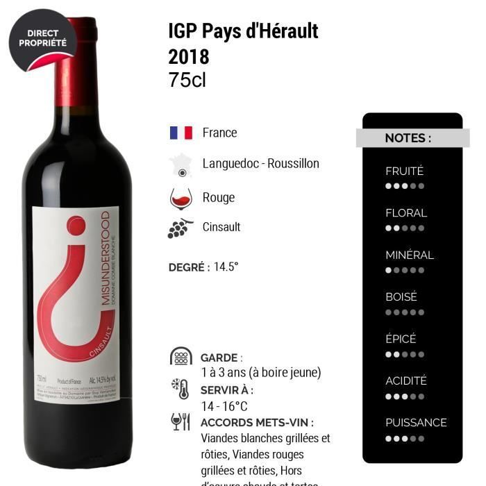 Pays d'Hérault Misunderstood Rouge 2018 - Lot de 6x75cl - Domaine Combe Blanche - Vin IGP Rouge du Languedoc - Roussillon - Cépage