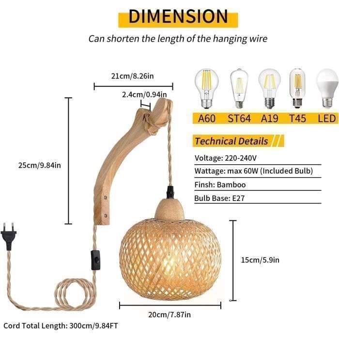 Applique da parete retrò in legno con lanterna di bambù, lampada da parete creativa con attacco E27, spina e interruttore (lampadina inclusa)