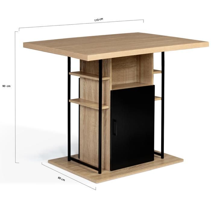 IDMARKET Isla de cocina central de 110 cm con efecto madera negra y haya y 4 taburetes de diseño industrial.
