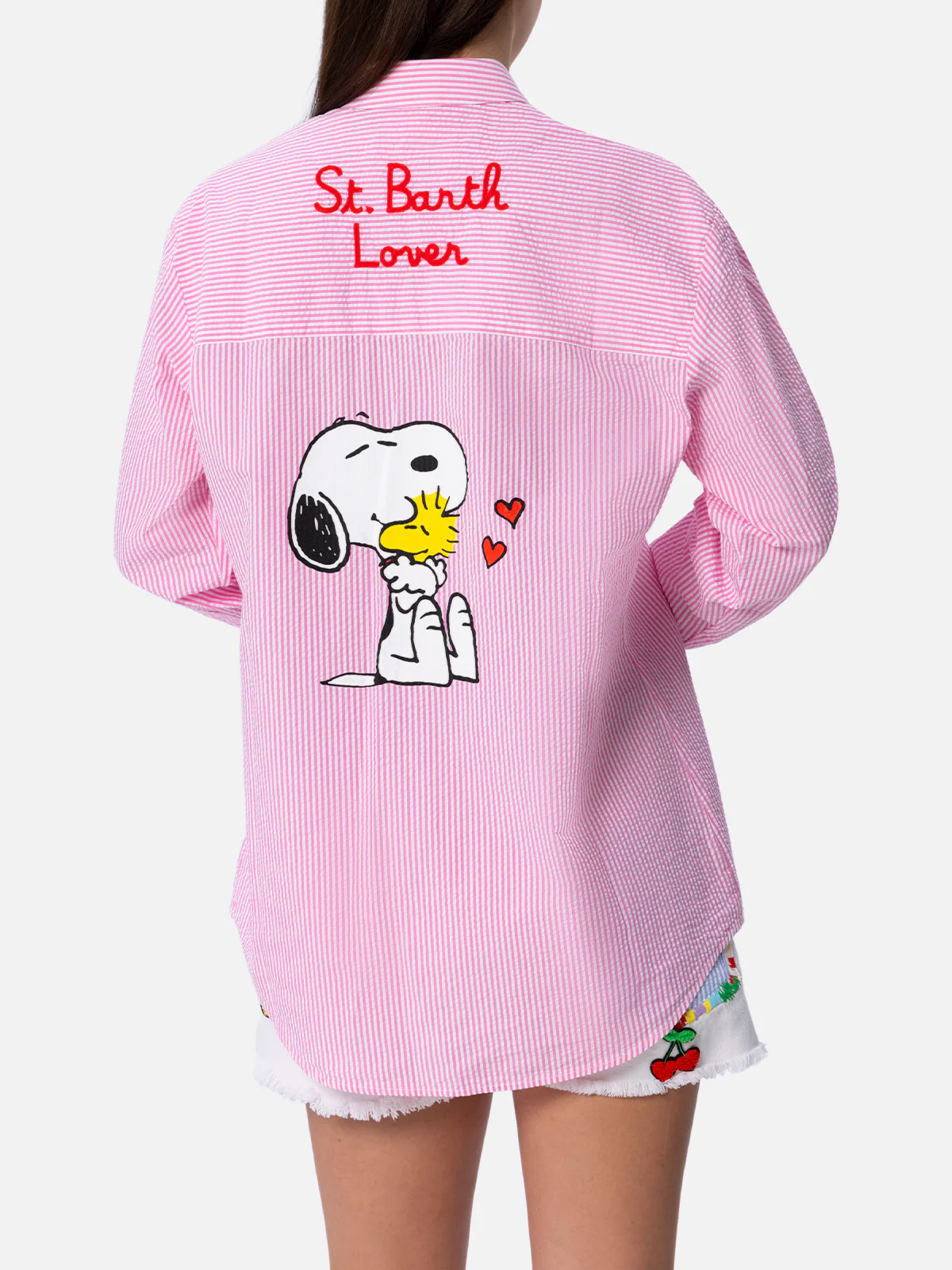 Woman Pink Striped Print Cotton Overshirt Brigitte | SNOOPY PEANUTS SPECIAL EDITION | Oversized | Mother-Of-Pearl Button-Down Collar | Logo Embroidery