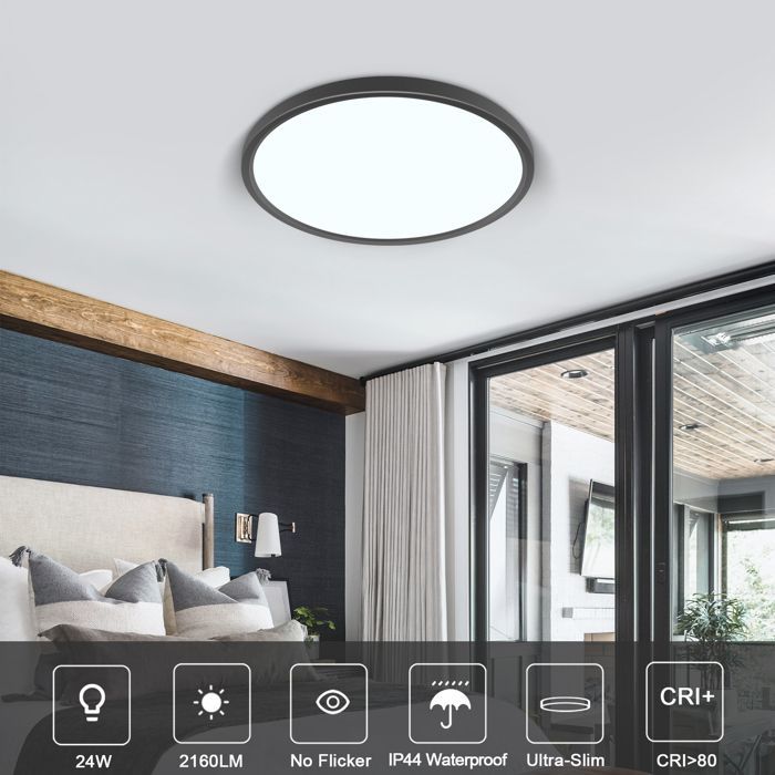 DORLINK Plafonnier LED IP50 Rond Noir 30x30cm – Luminaire Moderne Imperméable pour Salle de Bain, Chambre, Cuisine, Salon