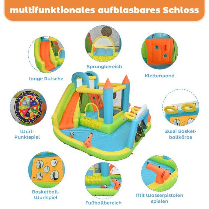 Château gonflable pour enfants - 360x320x200 cm - Coloré - Tissu Oxford - Soufflerie 450W - Toboggan aquatique