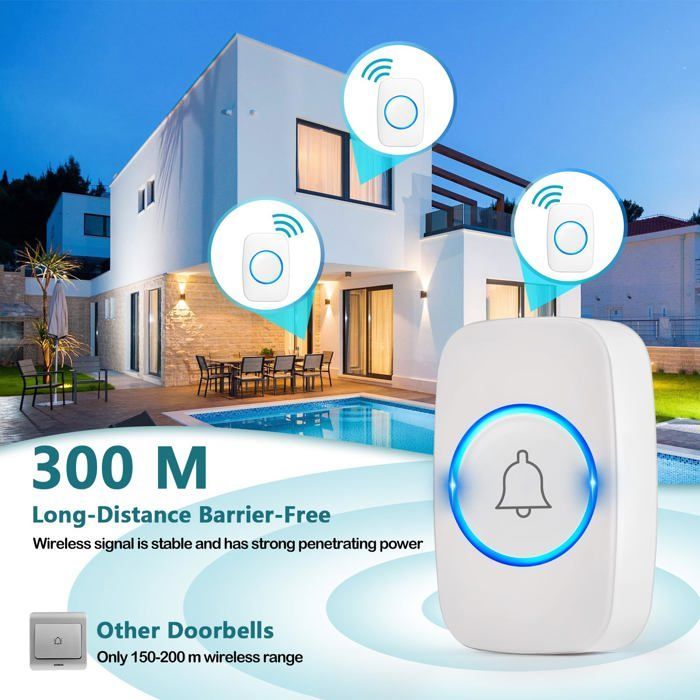 Campanello senza fili per esterni IP44 300 m – 60 melodie, 5 livelli di volume, bianco