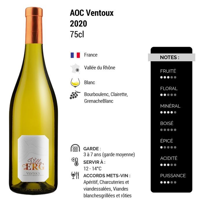 Villa d'Erg Ventoux 2020 - Vino blanco del valle del Ródano (6x75cl)