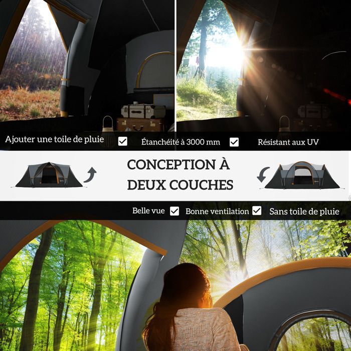 Tienda de campaña familiar Outsunny para 5-6 personas - Impermeable, ligera, ventilada, fácil de montar - Puerta, 2 ventanas - Gris claro