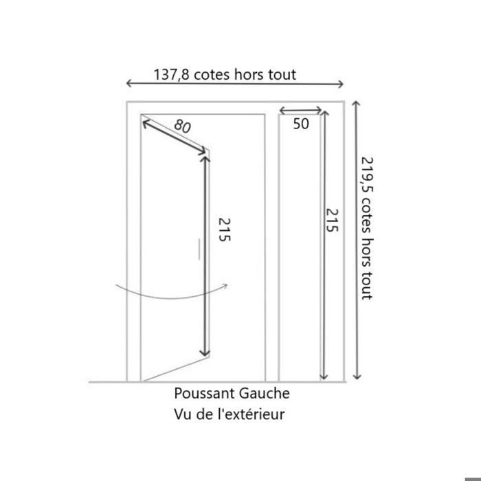Porta d'ingresso in legno stile Vauban con tre pannelli vetrati, H.215 x L.130 cm, dimensioni indicate a sinistra.