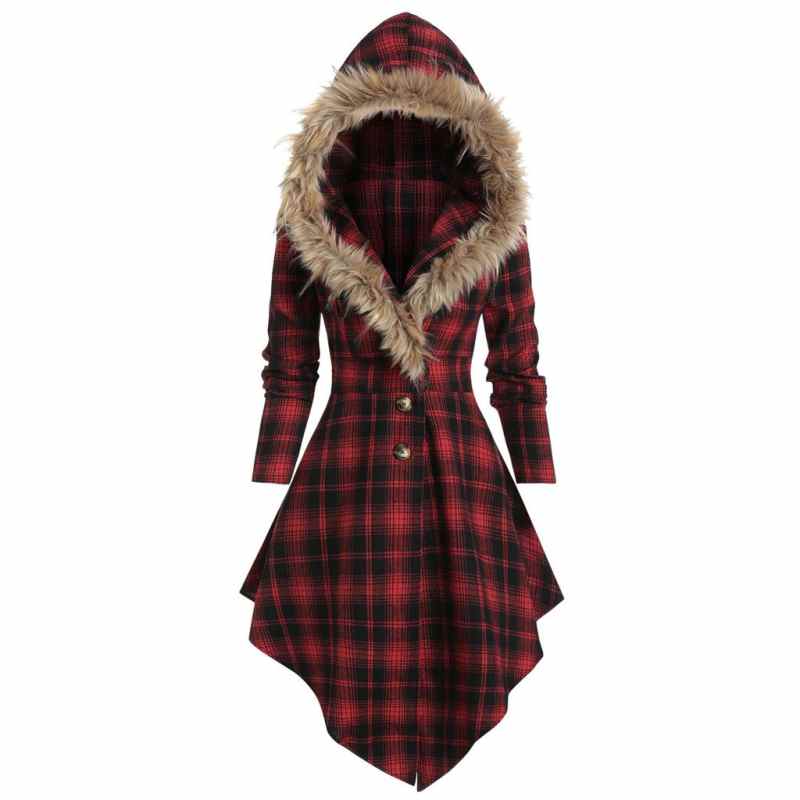 Manteau long asymétrique à manches longues et imprimé à carreaux style gothique vintage pour femme, avec capuche boutonnée et manches longues #g3