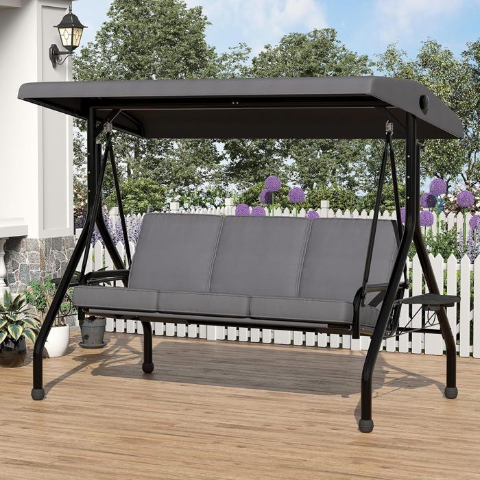 Balanço de jardim Garvee de 3 lugares, com almofadas grossas e removíveis, encosto ajustável e cobertura, ideal para pátio, varanda e jardim, na cor cinza.