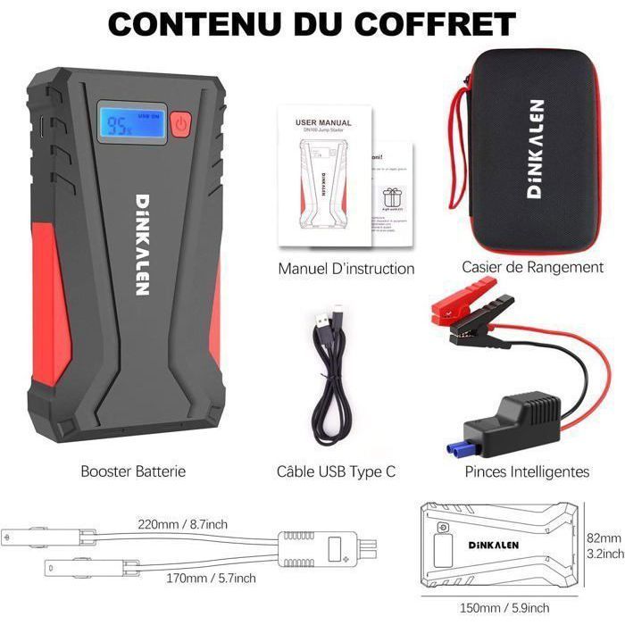 Arrancador de batería DINKALEN 12800 mAh - Arranque rápido de 1500 A - Cargador USB - Linterna LED de 3 modos