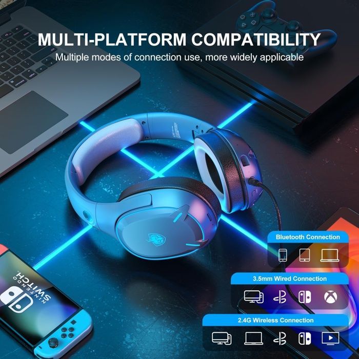 Casque sans fil Bluetooth 5.3 à double puce, microphone antibruit, lumière LED, pour PC/PS4/PS5/TV/Switch, bleu