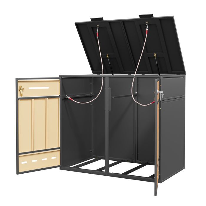 Abri Cache Poubelles pour 2 poubelles 120-240 L, Couvercle à Rabat, Porte Verrouillable, Métal, Gris + Bois