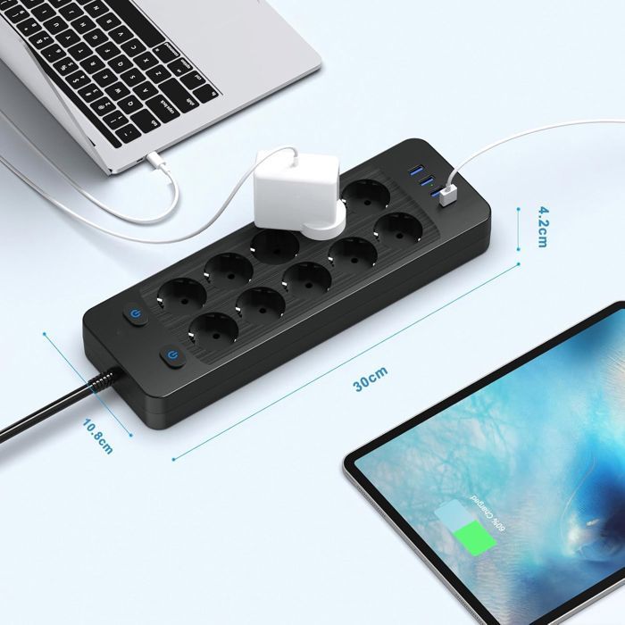 Regleta de 4000 W con 10 tomas de corriente, 4 puertos USB, protector contra sobretensiones e interruptor, cable de 2 m.