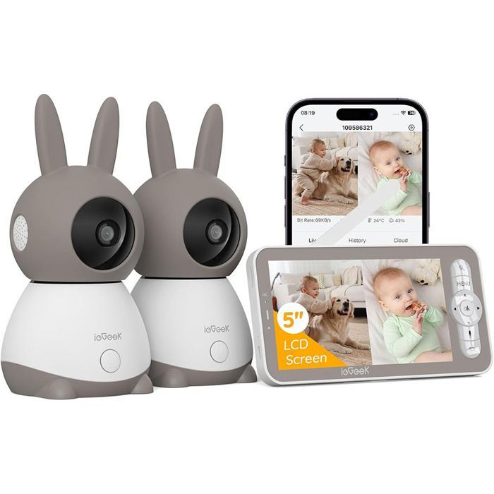 Babá eletrônica 2K/3MP de 5 polegadas com 2 câmeras, vídeo PTZ 360°, alertas inteligentes, visão noturna e rastreamento.