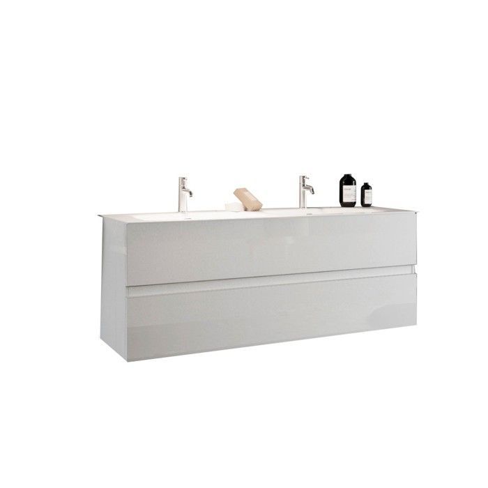 Wandhängender Waschtisch mit zwei Waschbecken und zwei Schubladen, Kollektion VIENNE. Hochglanzweiße Oberfläche.