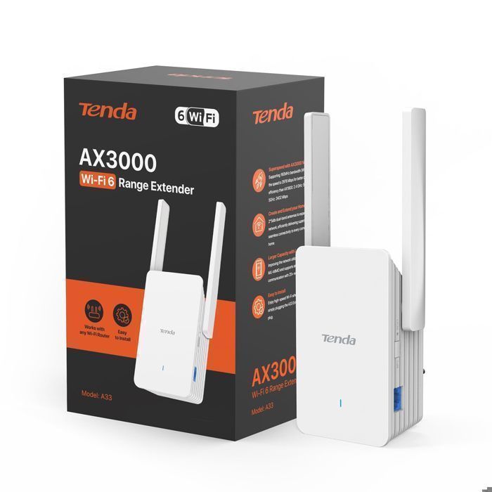 Ripetitore WiFi 6 Tenda A33 AX3000, Dual Band 2.4/5GHz, Porta Gigabit, 2 antenne da 5dBi, Modalità AP, LED intelligente, Copertura 150 m²