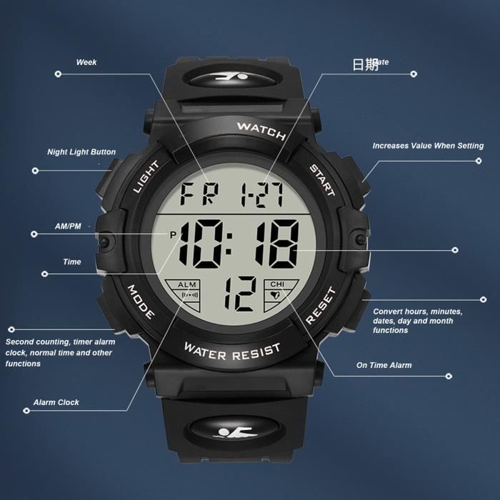 Reloj deportivo ESTANK para hombre - Digital con calendario y alarma - Resistente al agua - Negro
