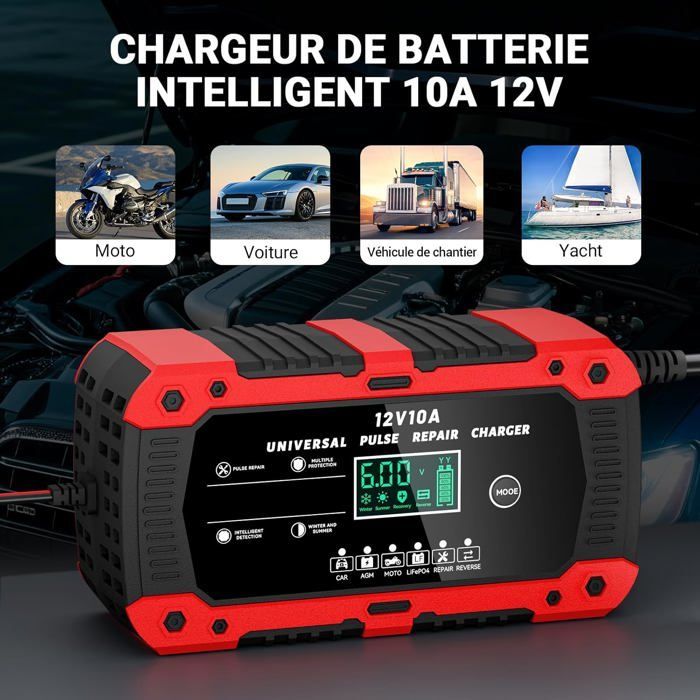 Cargador de batería para coche LiFePO4 de 12 V y 10 A, cargador inteligente para coches y motocicletas con pantalla LCD y reparación automatizada.