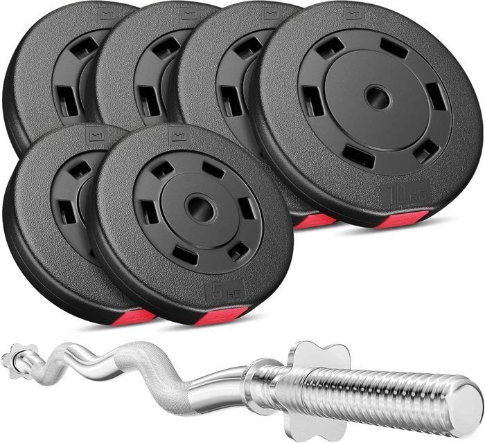 Juego de mancuernas Hop-Sport de 57 kg con barra de 120 cm de largo y discos de peso para entrenamiento de fuerza (4 x 10 kg, 2 x 5 kg)