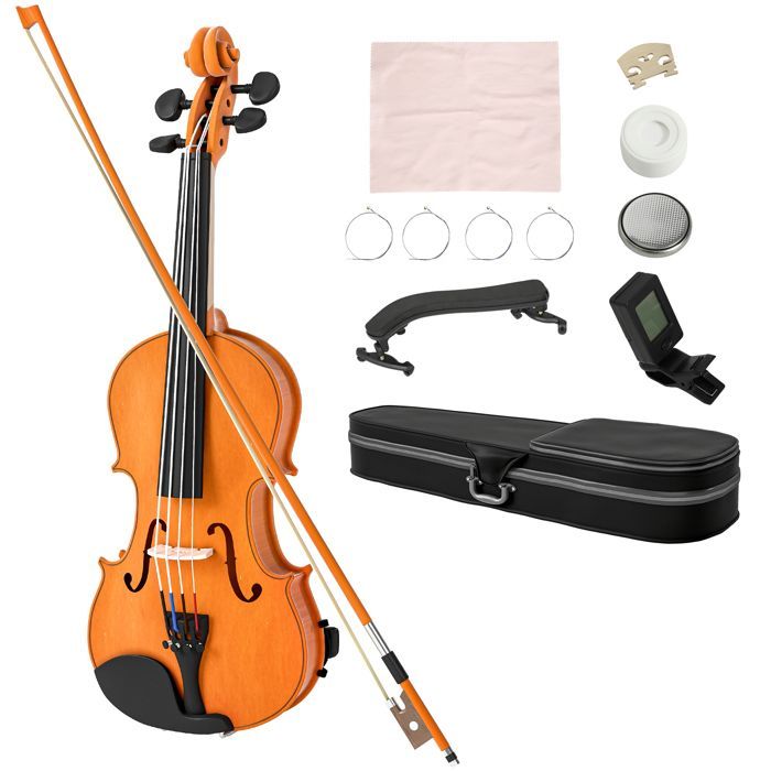 Juego de violín 4/4 - HOMCOM - para adultos y principiantes, con estuche, arco, resina, puente y soporte para el hombro - marrón