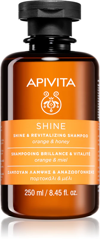 Shampoo revitalizante Apivita Shine para cabelos fortes e brilhantes.