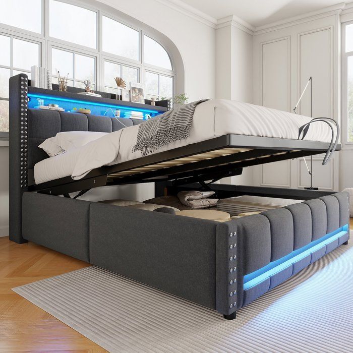 Cama tapizada, cama de adulto, cama doble de 160 x 200 cm con iluminación LED y puertos USB con almacenamiento hidráulico - gris