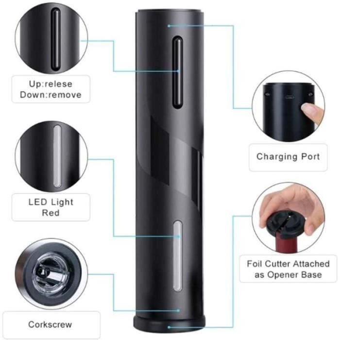 Elektrischer Korkenzieher, USB-Automatischer Weinflaschenöffner 4 in 1 mit Folienschneider, Weinausgießer und Weinstopper, Schwarz