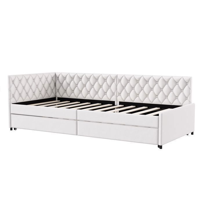 Divano letto Click-Clack 90x200 cm, estendibile fino a 180x200 cm - Velluto beige - Convertibile, con motivo a rombi trapuntato