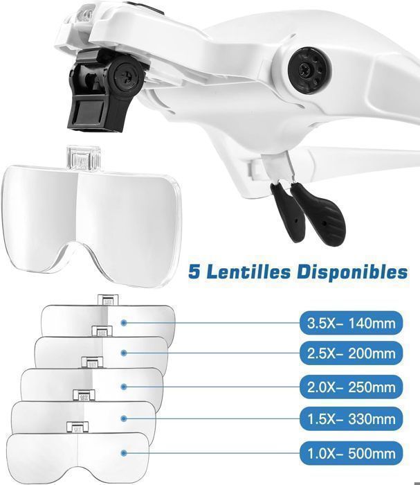 Lente d'ingrandimento frontale - 2 luci LED - 5 lenti intercambiabili da 1.0X a 3.5X - per lavori manuali, lettura e riparazione di orologi.
