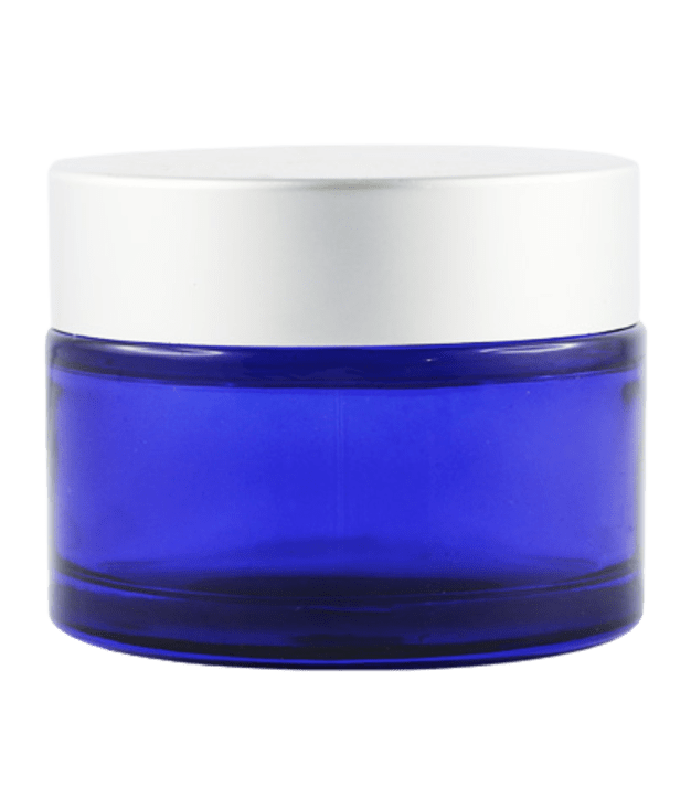 Pot verre bleu 50 ml avec capot argent mat