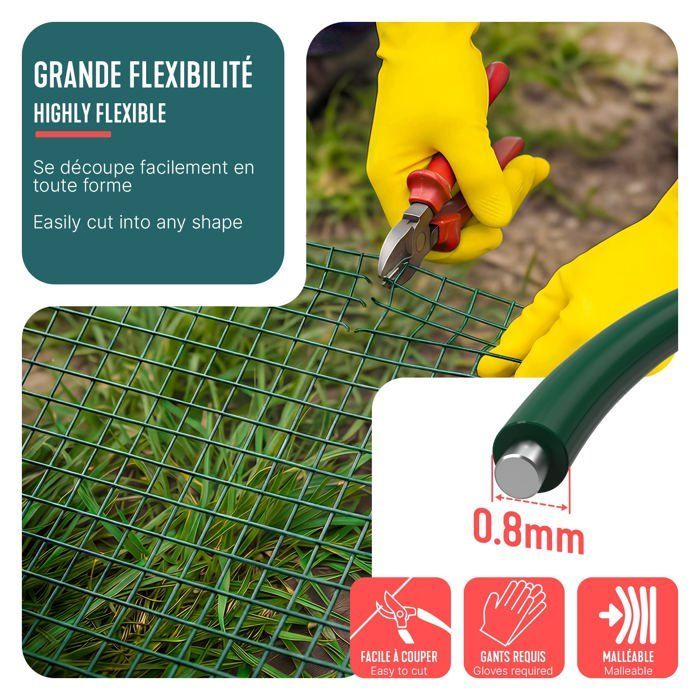 Rollo de malla de alambre soldado recubierto de PVC VOUNOT® de 0,5 x 25 m, color verde - Malla de 13 mm, alambre de 0,8 mm - Cercas y redes metálicas