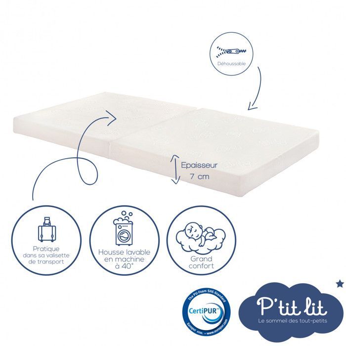 P'tit Lit - Reismatras voor baby's - 60x120 cm - Opvouwbaar - 7 cm dik: Zacht en comfortabel - Ideaal voor incidenteel gebruik