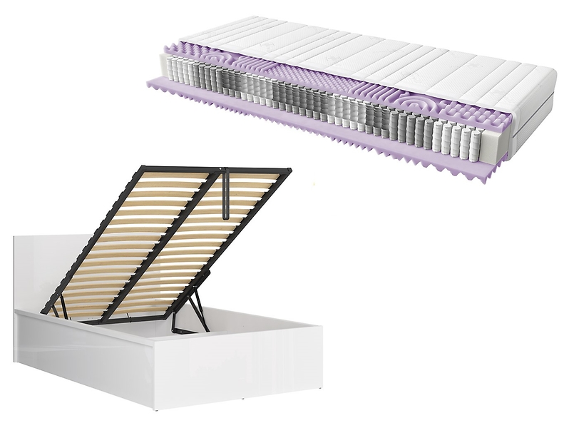 Zestaw łóżko Tetrix biały połysk ze stelażem i materac Mimas 120x200