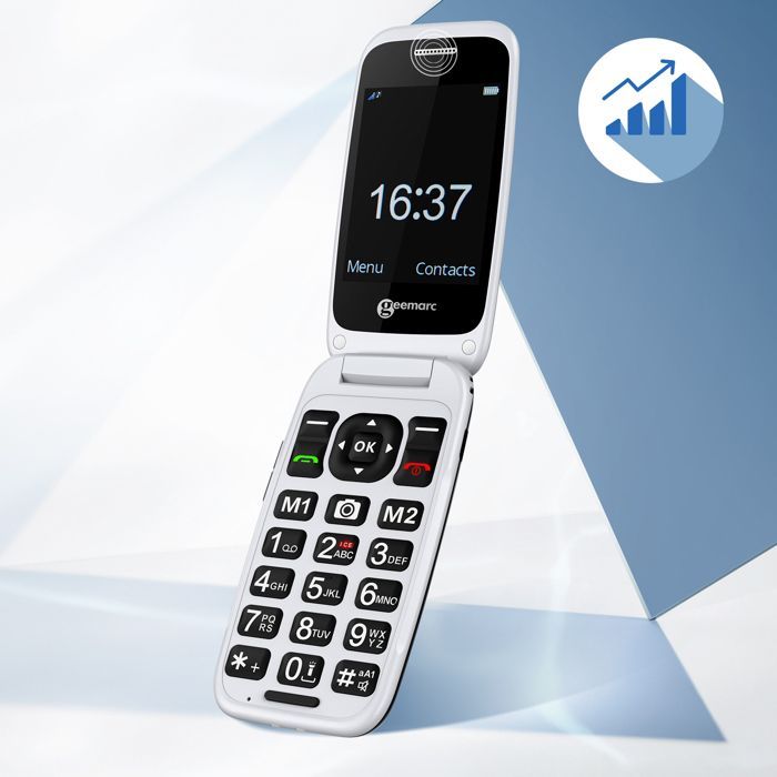 Telefone flip amplificado Geemarc branco/preto para idosos, compatível com aparelhos auditivos.