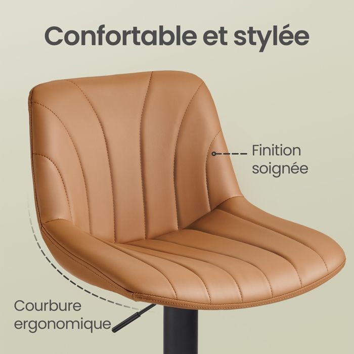 Tabouret de Bar Réglables, Tabourets avec Dossier, Rotation 360°, PU, pour Cuisine, Salle à Manger, Lot de 2, Marron
