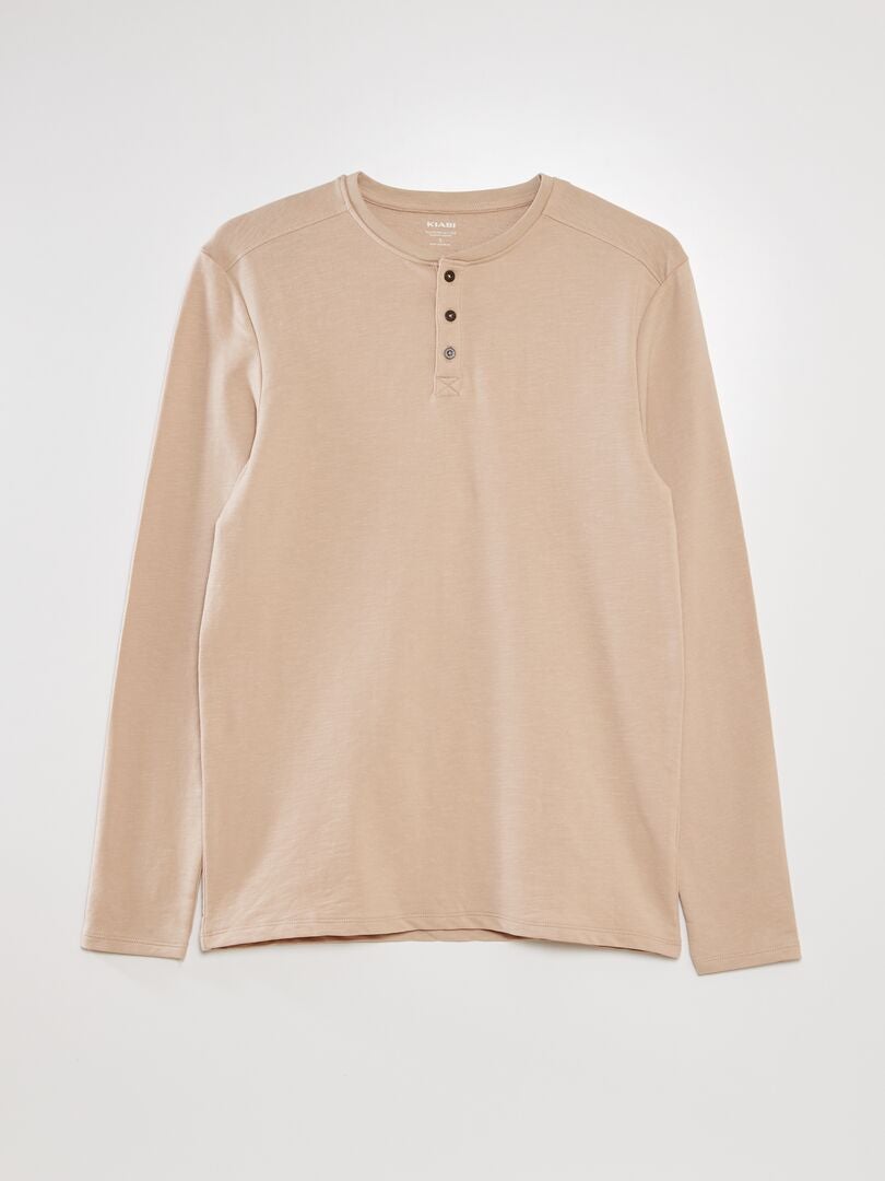 Camiseta de cor sólida com gola henley - Bege