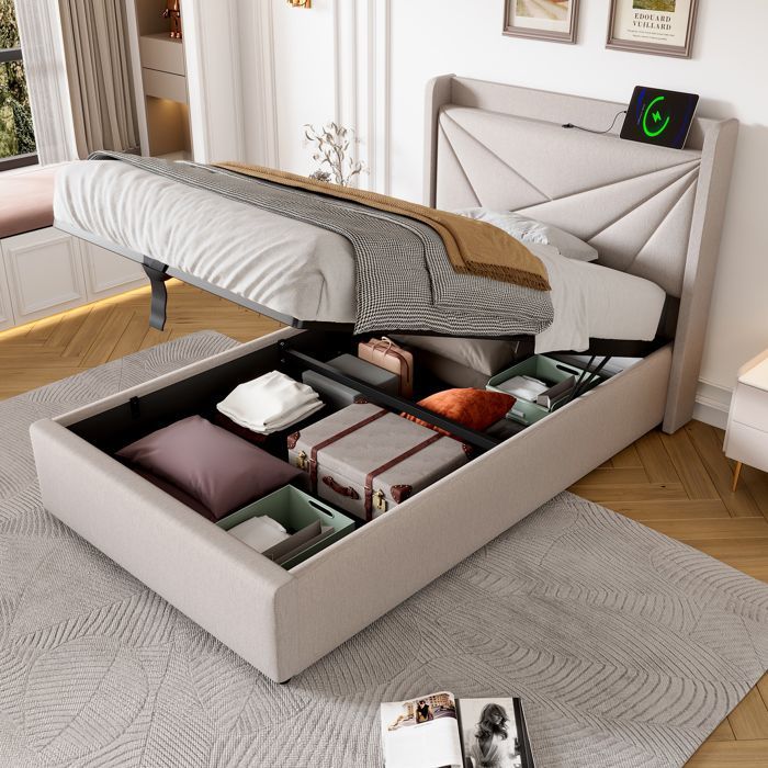 ModernLuxe 90x200cm Storage Bed - Single Bed with USB Port + Slatted Base + Linen Fabric - Beige