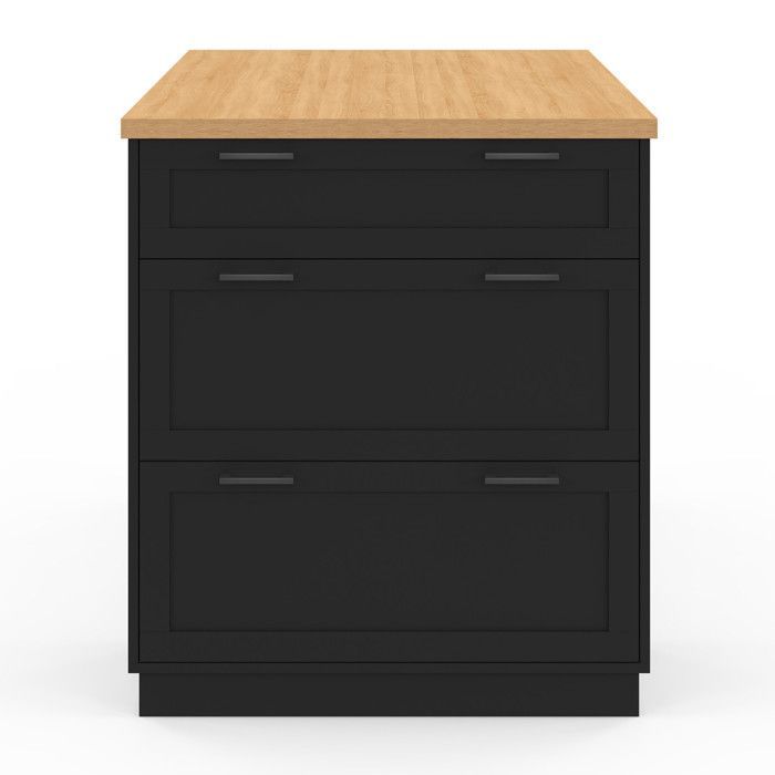 IDMARKET Ilot central mange-debout 4 personnes VITO 130 cm casserolier 3 tiroirs noir et plateau bois