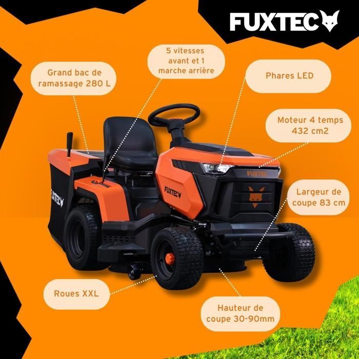 FUXTEC FX-RMT84M Zitmaaier – Gazontractor – 432 cc – 8 kW – 83 cm – Mulchen – Grasopvangbak 280 L – 6000 m²