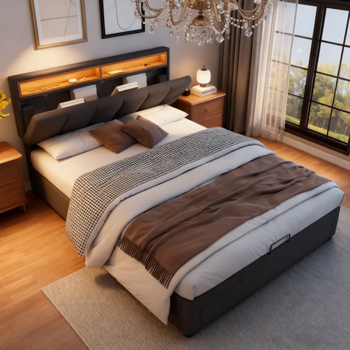 Cama con almacenamiento de 140x190 cm - NEXU - Gris antracita - LED integrado - Cajones de almacenamiento - Cabecero ajustable
