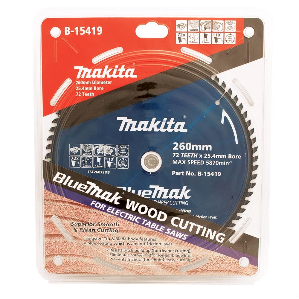 Lâmina de serra circular MAKITA TCT 260 mm 72T para corte de madeira - Serras de mesa - BLUEMAK
