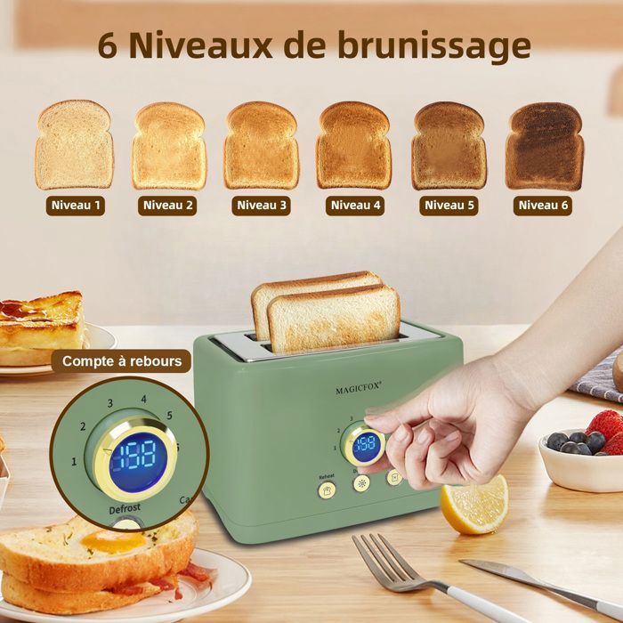Tostadora digital MAGICFOX ClassicToast - 840 W, 2 ranuras extra anchas, expulsión automática, 3 funciones preestablecidas - Verde