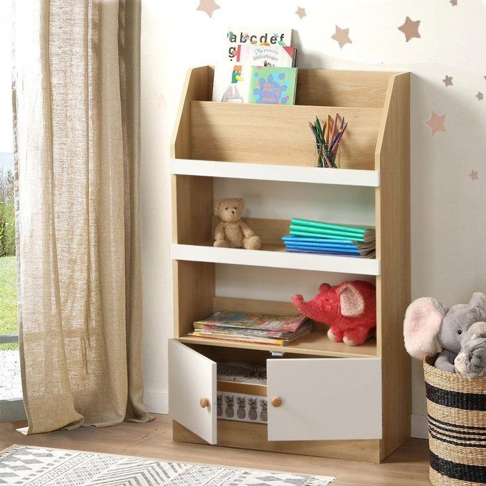 CALICOSY - Etagère de rangement avec 2 Portes pour enfant H106 cm - LEON - Bois clair