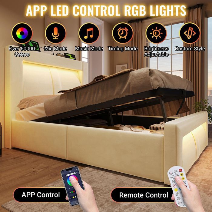 Lit coffre rembourré 180x200 cm, Lit double avec rangement, APP-Control LED, USB et Type-C, Tête de lit incurvée, Velours, Beige