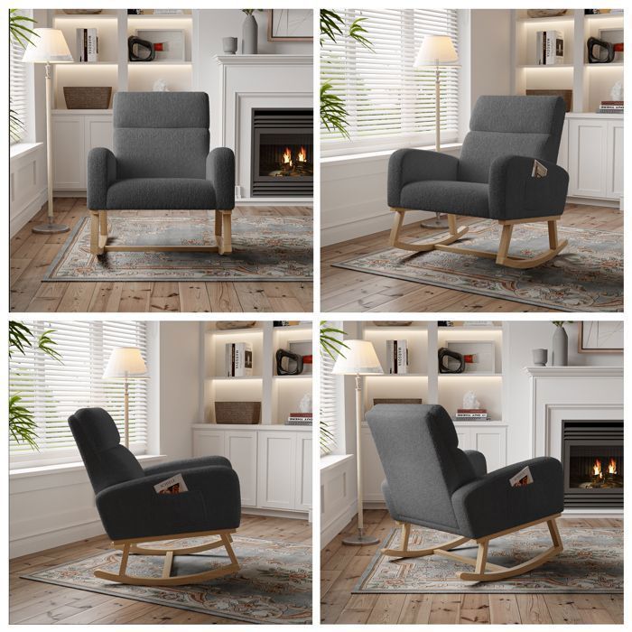 Fauteuil à Bascule - LUMINARIX - Rocking Chair - Gris foncé - Pieds en bois massif - Style Scandinave
